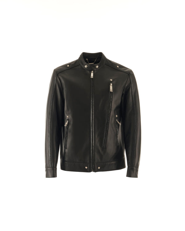 Biker in pelle con chiusura con cerniera