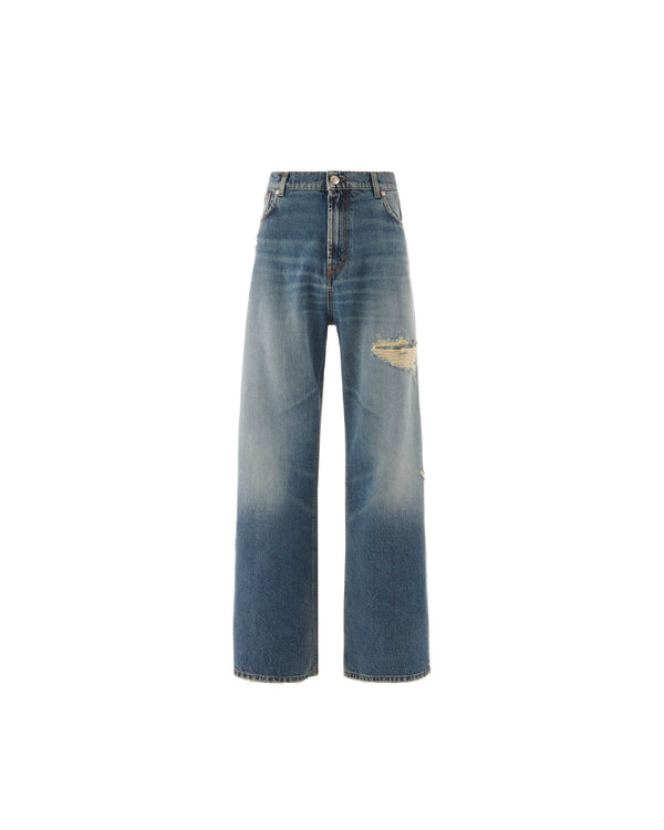 Jeans super baggy in denim blu chiaro con personalizzazione "RICH" glitter gold