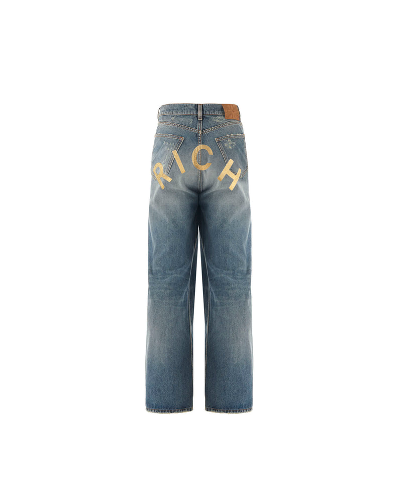 Jeans super baggy in denim blu chiaro con personalizzazione "RICH" glitter gold