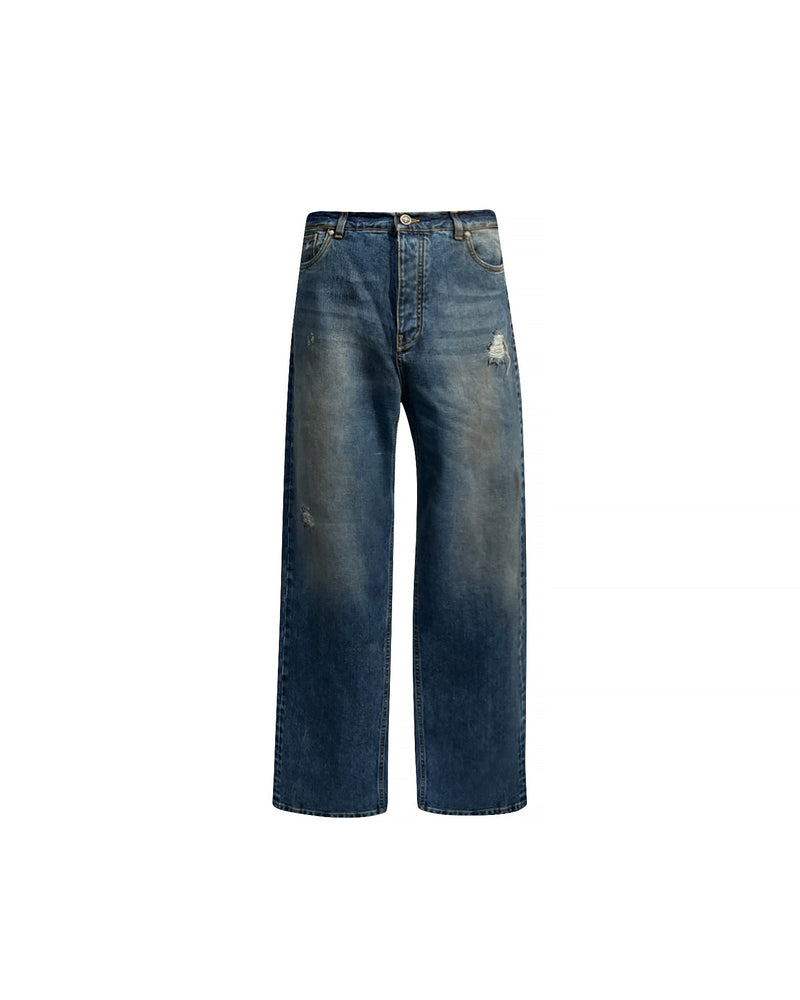 Jeans regular con lacerazione in blu medio e personalizzazione "RICH" metal red