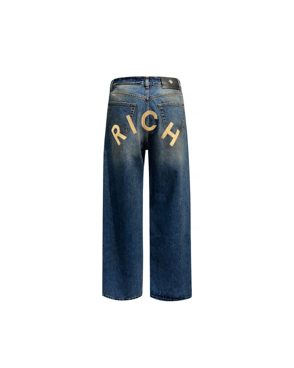 Jeans regular con lacerazione in blu medio e personalizzazione "RICH" glitter gold