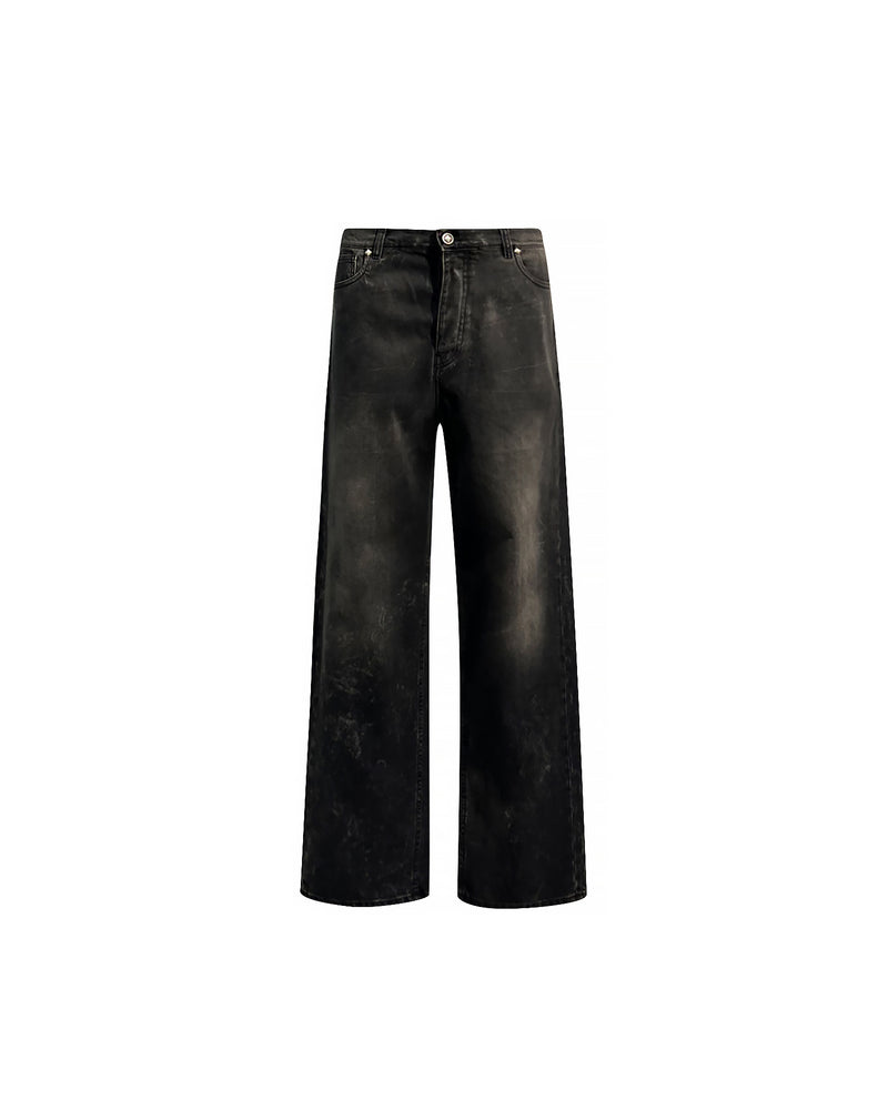 Jeans regular con lacerazione in nero e personalizzazione "RICH" glitter gold