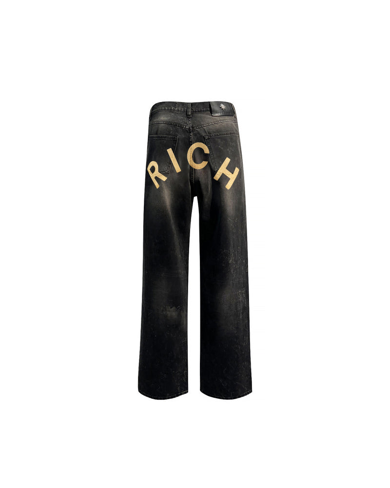 Jeans regular con lacerazione in nero e personalizzazione "RICH" glitter gold