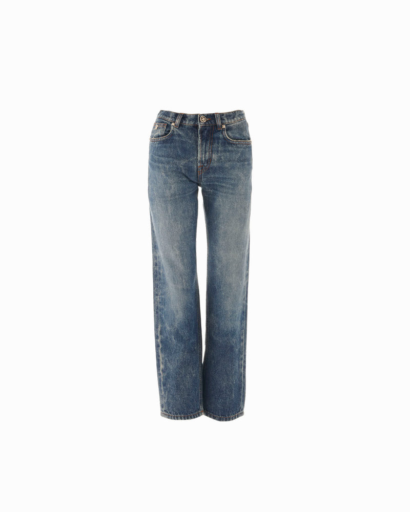 Jeans slim straight in denim in blu con personalizzazione "RICH" metal red