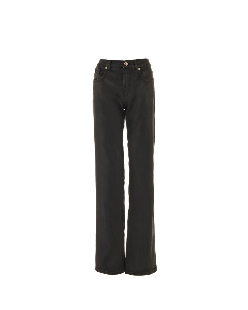 Jeans flare in denim nero con personalizzazione "RICH" metal red