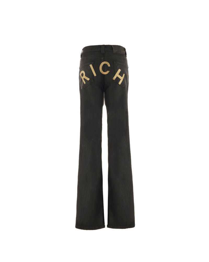 Jeans flare in denim nero con personalizzazione "RICH" glitter gold