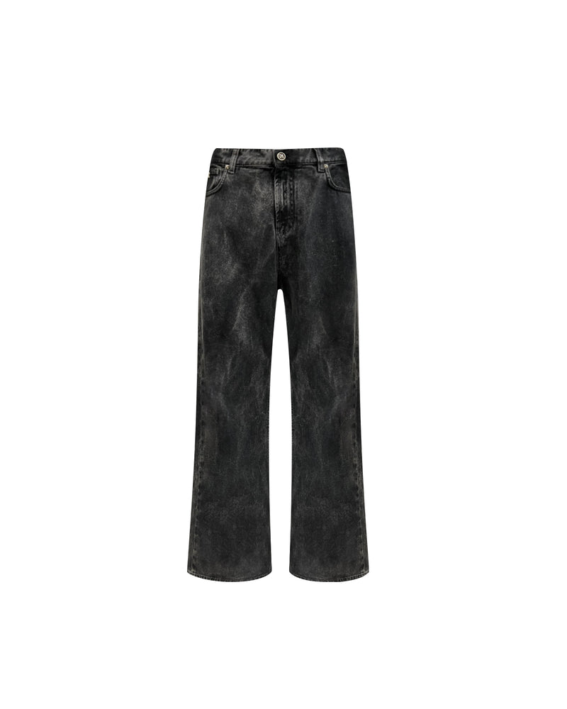 Jeans super baggy in denim nero con personalizzazione "RICH" glitter gold