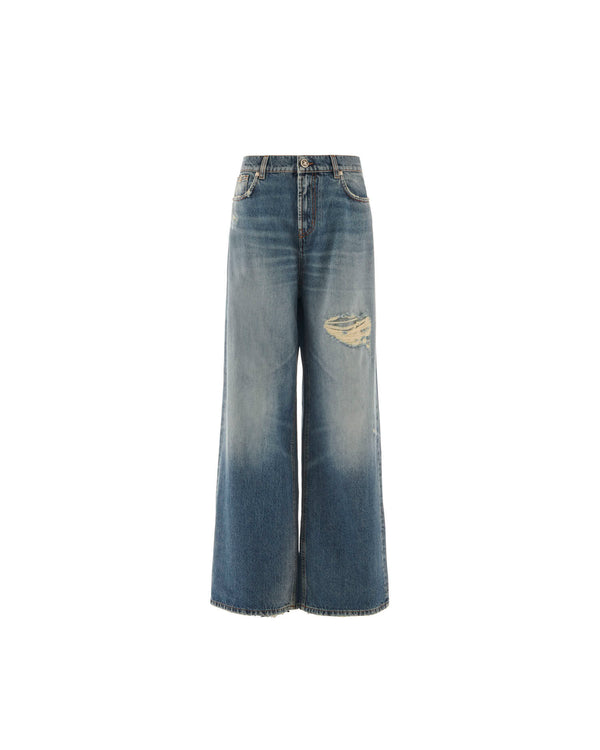 Jeans wide leg con lavaggio scolorito e lacerazione