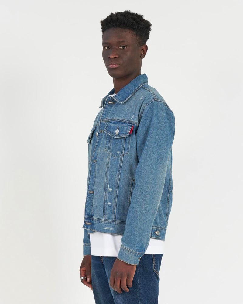 Denim jacket with embroidered logo on the back