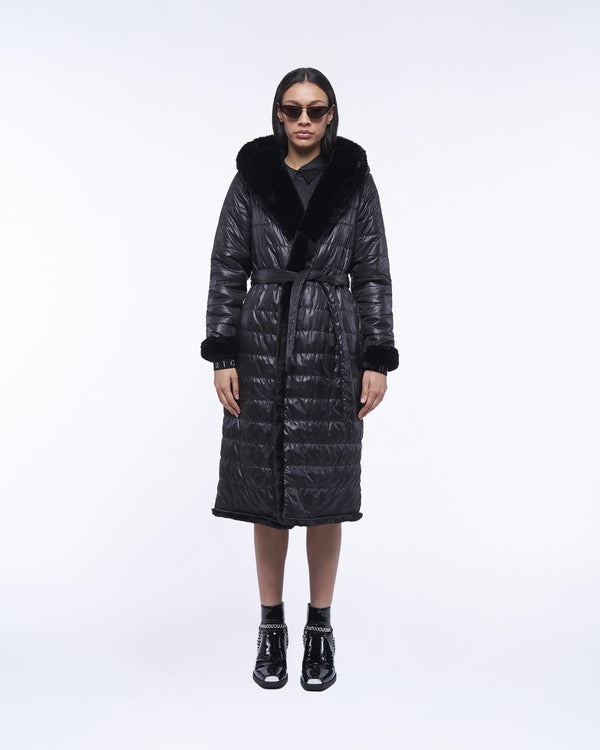 Reversible long down jacket with fur