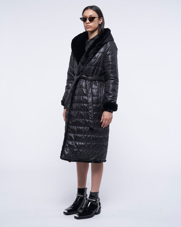 Reversible long down jacket with fur