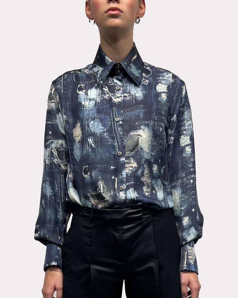 Shirt with iconic runway denim-effect pattern