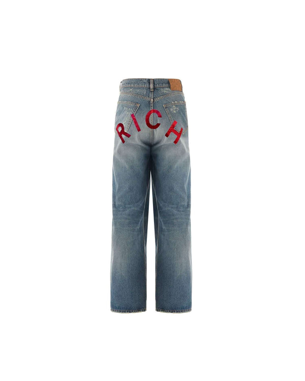 RMA24188JE - Jeans baggy a vita alta in denim blu chiaro con personalizzazione &quot;RICH&quot; metal red